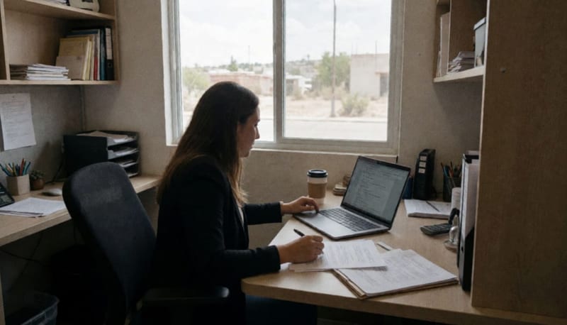 Empresaria trabajando en su escritorio con documentos e información empresarial alrededor