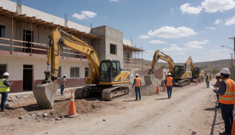 Maquinaria pesada y trabajadores en las obras de ampliación de un hospital en Cuauhtémoc