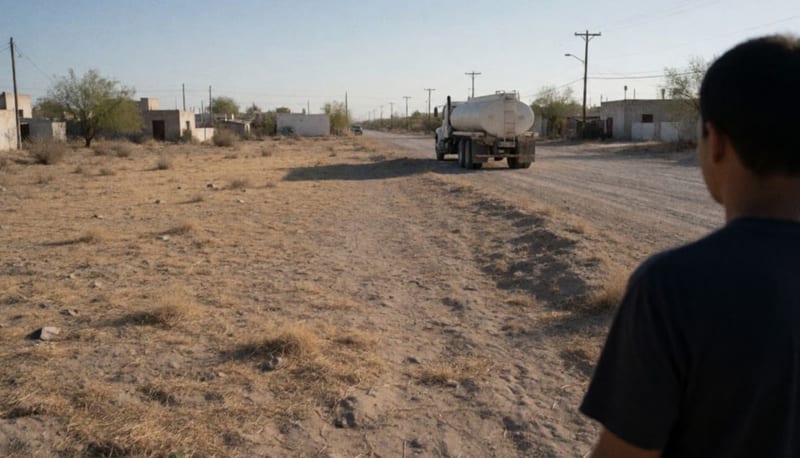 Camión pipa sobre terreno árido en las afueras de una zona urbana al atardecer
