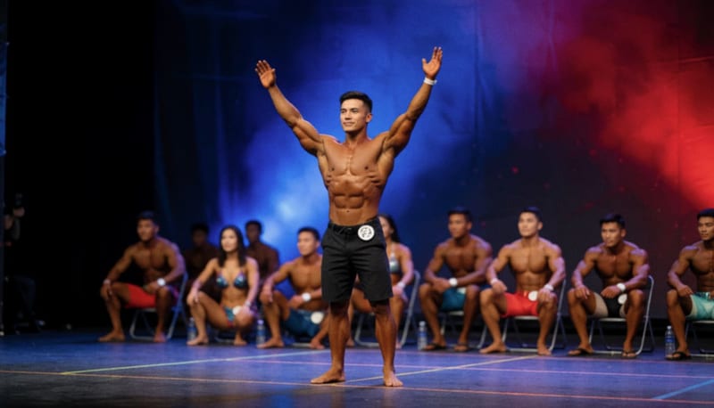 Atleta con los brazos levantados en gesto de victoria bajo iluminación de competencia