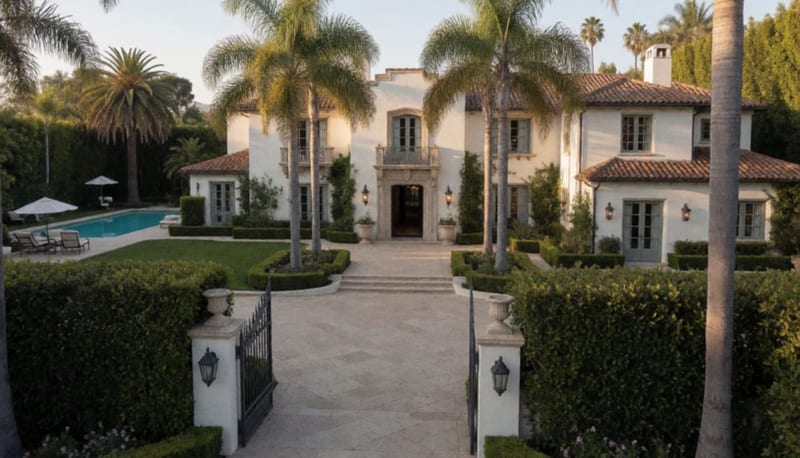 Mansión de estilo clásico hollywoodense con jardines amplios y palmeras, vista desde la entrada principal al atardecer