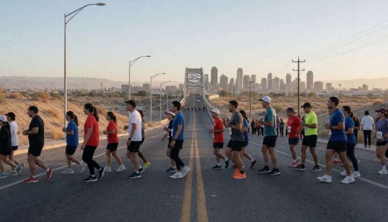 Corredores reunidos en la madrugada cerca del puente internacional entre Ciudad Juárez y El Paso