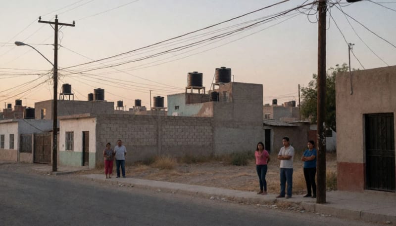 Calle residencial de la capital con tanques de agua en azoteas y postes de electricidad al atardecer
