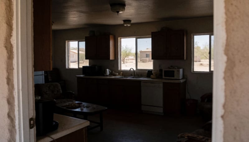 Interior de una vivienda oscura durante el día, con equipos desconectados sobre una cocina