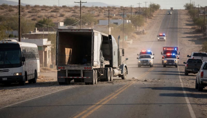 Tráiler dañado sobre la carretera del desierto con autobús de pasajeros junto a vehículos de emergencia en Camargo