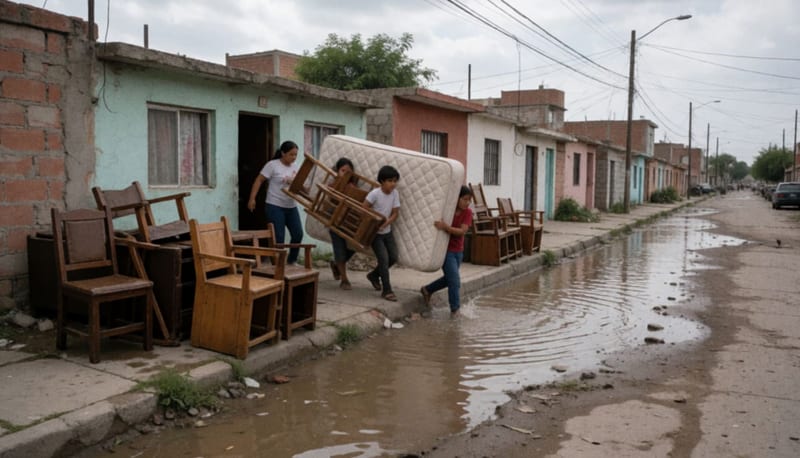 Familia saca muebles empapados de una casa sobre una calle residencial inundada bajo un cielo nublado