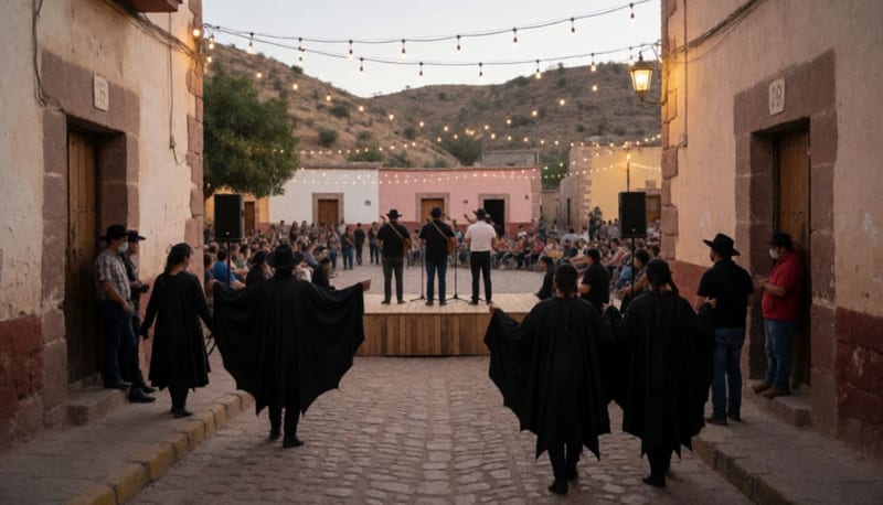 Personas disfrazadas de murciélago caminan por un callejón empedrado hacia una plaza iluminada con luces cálidas al anochecer