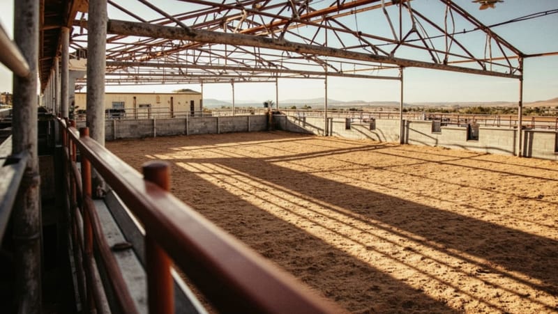 Recinto con arena de tierra y cerco metálico bajo luz de tarde, sin equipos de seguridad visibles