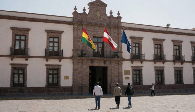 Fachada de un edificio de gobierno con banderas en una plaza