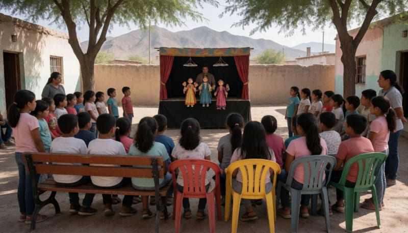 Niños sentados en el patio de un centro comunitario observando una presentación teatral con marionetas