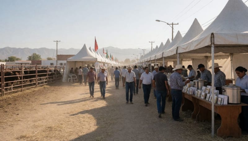 Granjeros y visitantes recorriendo stands de productos ganaderos bajo tiendas blancas en una explanada desértica