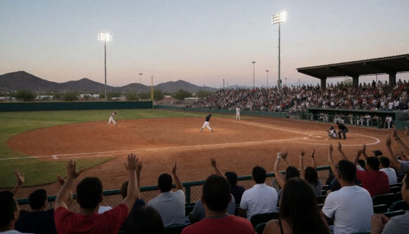 Campo de béisbol iluminado al anochecer con aficionados en las gradas y un bateador en acción