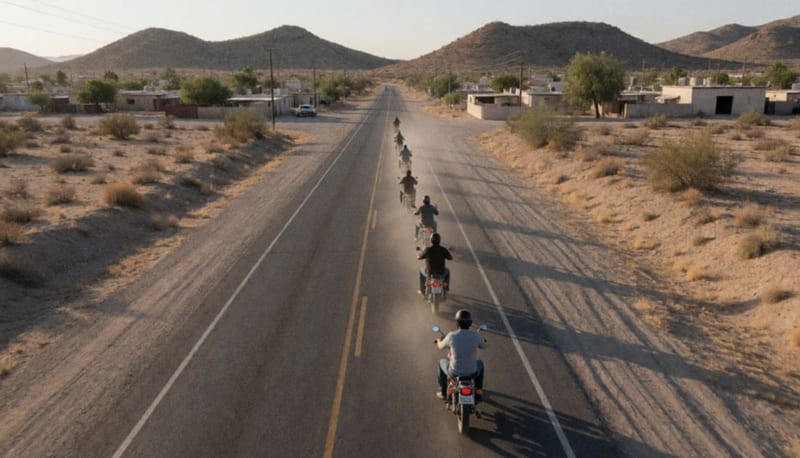 Grupo de motociclistas avanzando de espaldas por una carretera árida hacia cerros bajos al atardecer