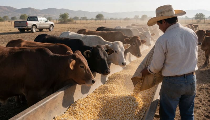 Ganado bovino comiendo maíz en un comedero de un rancho árido mientras un ganadero de espaldas vacía un costal