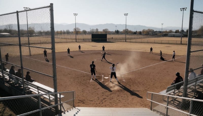 Cancha de softbol con jugadores en uniforme durante los preparativos de un partido en la tarde