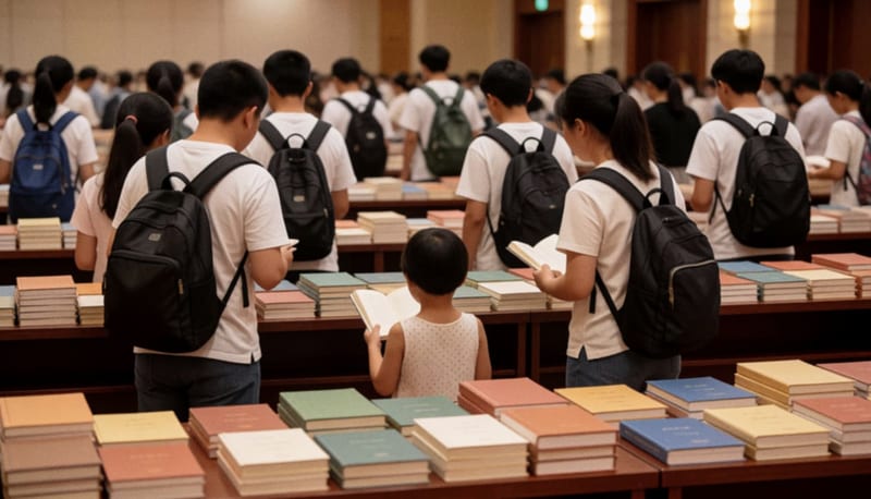 Familias y estudiantes recorren de espaldas mesas de madera con libros dentro de un amplio salón iluminado
