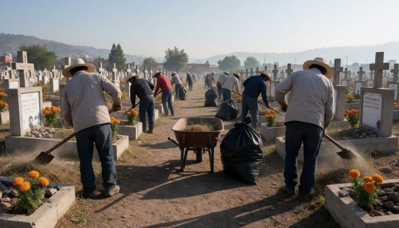 Trabajadores de espaldas limpian hierba y escombro entre tumbas de concreto en un cementerio con cerros al fondo