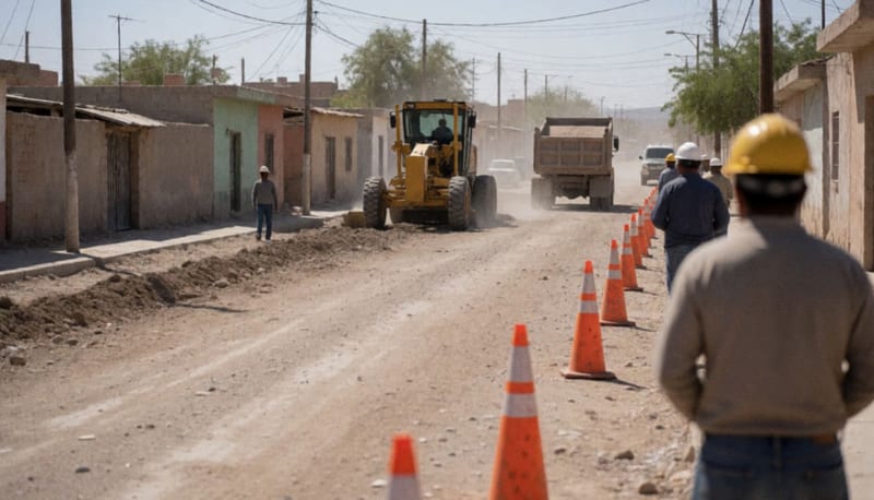 Maquinaria pesada trabajando en una calle de terracería de un pueblo del desierto, con conos naranjas y casas bajas a los lados