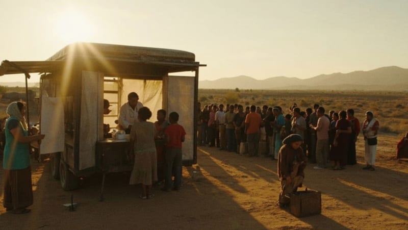 Médicos atendiendo a pobladores en una clínica móvil instalada en una plaza rural del desierto