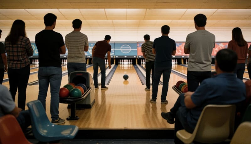 Jugadores de boliche observando una bola rodar por una pista de madera pulida hacia los pinos en una sala iluminada