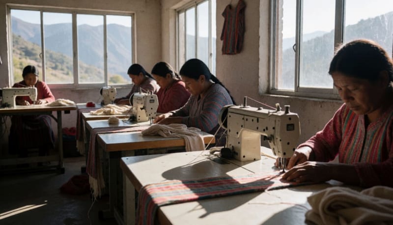 Costureras trabajando en máquinas de coser dentro de un taller artesanal con luz natural y montañas al fondo
