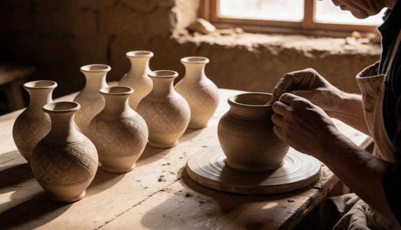 Manos de un artesano moldeando una vasija de barro sobre una mesa de madera rodeada de cerámicas secándose