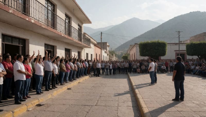 Multitud de militantes reunidos en plaza pública de comunidad norteña con cerros al fondo