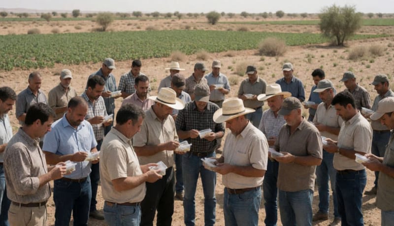 Productores agrícolas en el campo de Camargo revisando contenedores de insectos benéficos bajo la luz del día