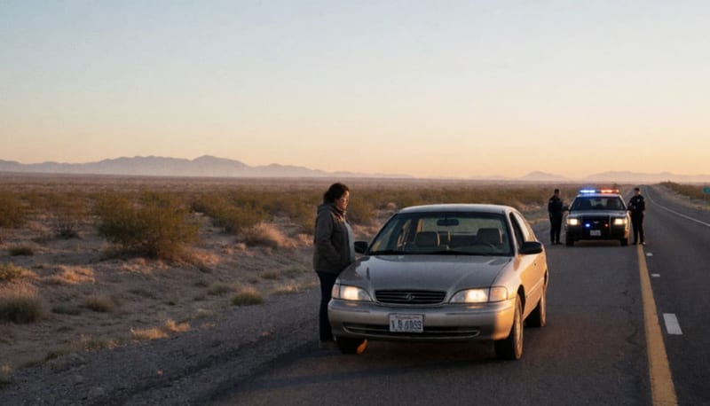 Mujer junto a su vehículo en una carretera del desierto con patrullas de fondo al amanecer