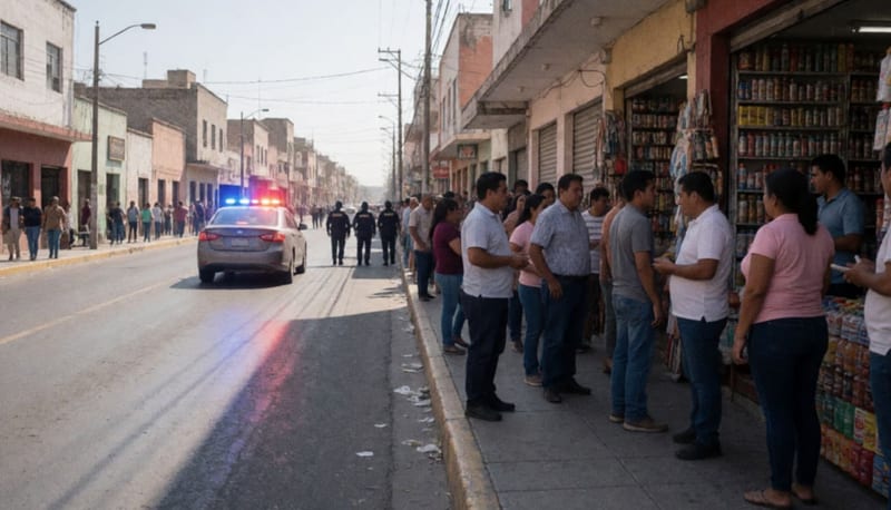 Calle del centro de una ciudad fronteriza al mediodía con transeúntes en la banqueta y luces rojas y azules sobre el asfalto