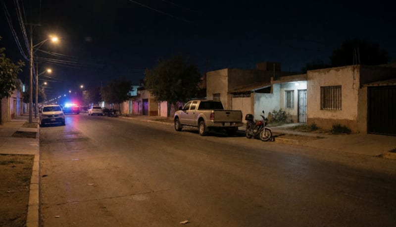 Calle residencial de noche con vehículos estacionados y luces de patrulla a lo lejos