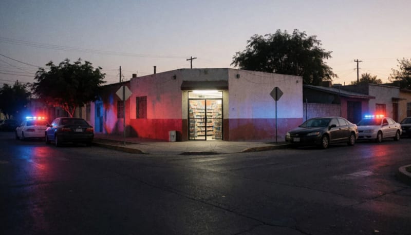 Calle de una colonia al anochecer con luces rojas y azules de patrulla iluminando autos estacionados y una esquina comercial