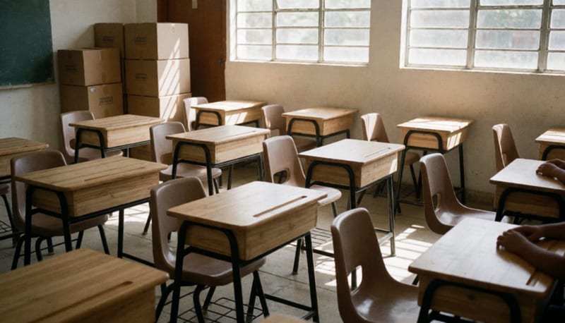 Aula luminosa con pupitres nuevos de madera y sillas acomodadas en filas, cajas de cartón junto a la puerta