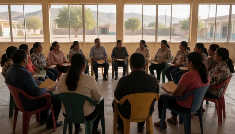 Adultos sentados en círculo sobre sillas de plástico en un salón escolar amplio con ventanales hacia un patio con árboles