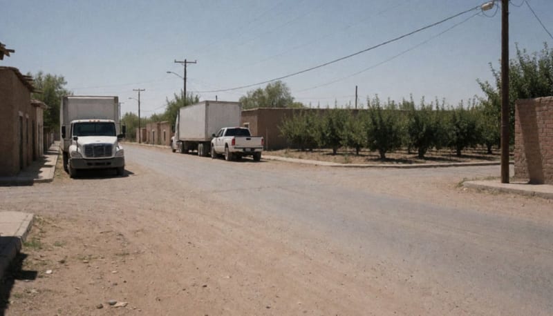 Un tractocamión blanco con remolque y una camioneta pick up estacionados en un cruce de calles de terracería en un poblado rural