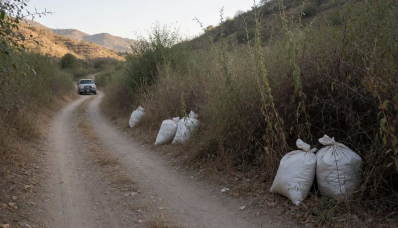 Camino de terracería entre maleza seca en zona serrana con costales blancos y bultos ocultos a un costado