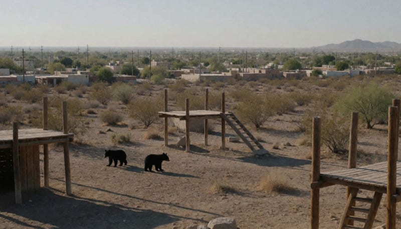 Dos osos negros jóvenes en un terreno árido del norte de México con estructuras de contención