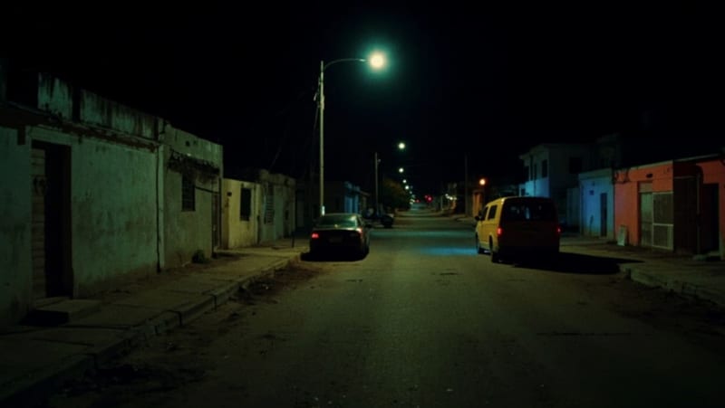 Calle residencial de noche con vehículos estacionados y el reflejo de luces de emergencia sobre el pavimento