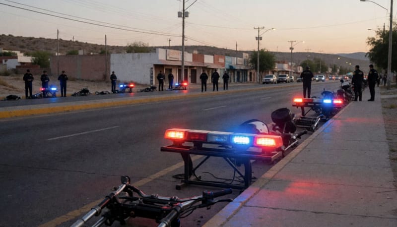 Luces de patrulla reflejadas en una avenida durante operativo nocturno de revisión vehicular en zona urbana del norte de México