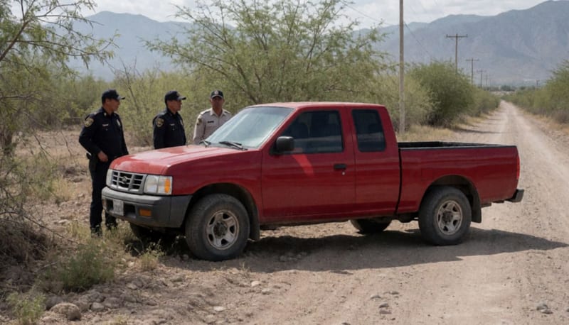 Camioneta Nissan roja asegurada en un camino de terracería de la región