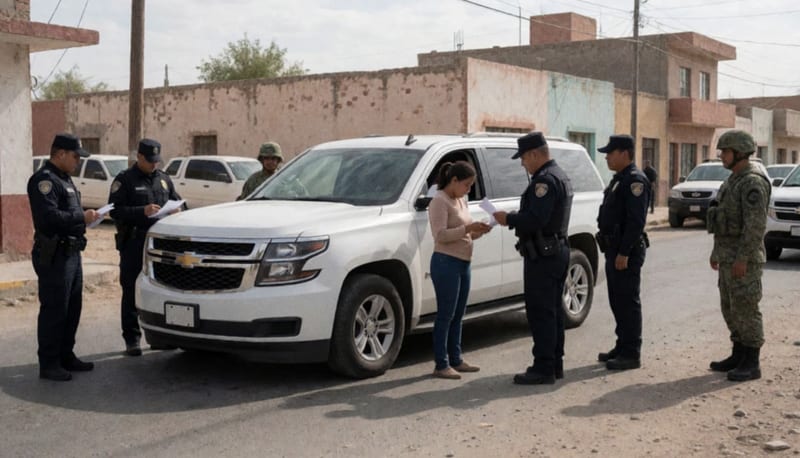 Patrulla y elementos militares realizando inspección de vehículo en una calle de Nuevo Casas Grandes