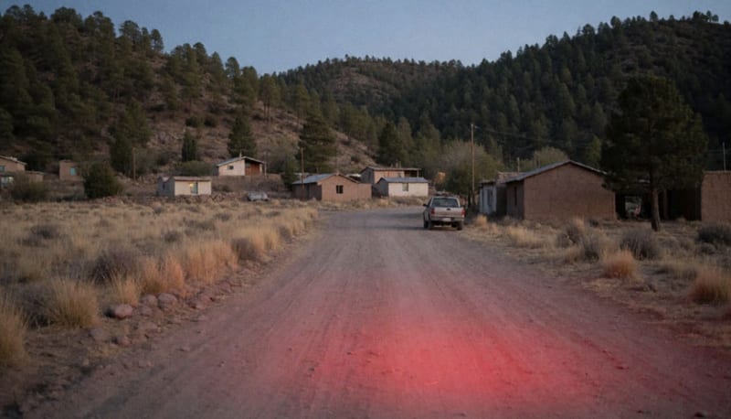 Camino de terracería al atardecer en una comunidad rural de la sierra con luces rojas y azules sobre el pasto seco