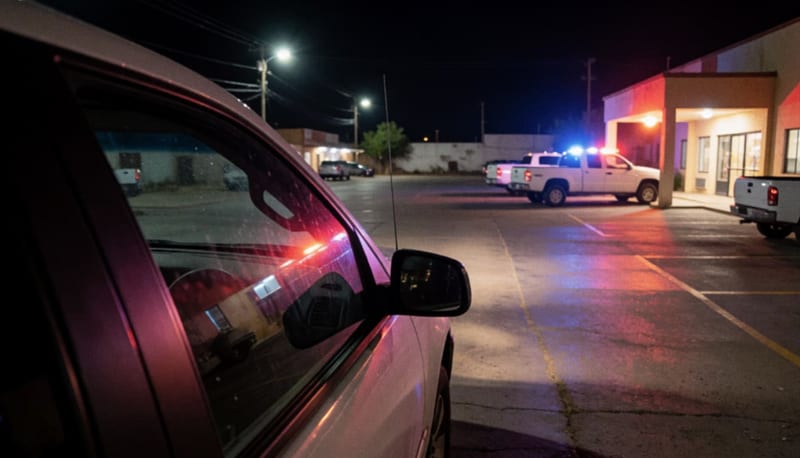 Ventana de un automóvil con impacto de bala en un estacionamiento de motel durante la noche