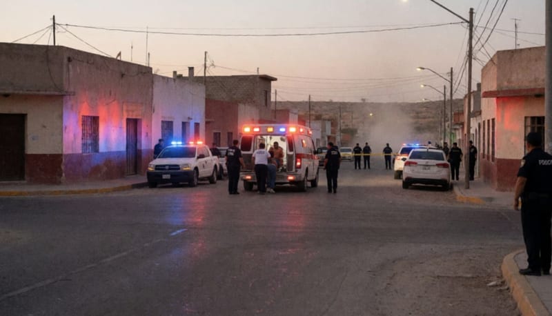 Paramédicos atienden a un herido mientras luces de emergencia iluminan una esquina urbana en Camargo