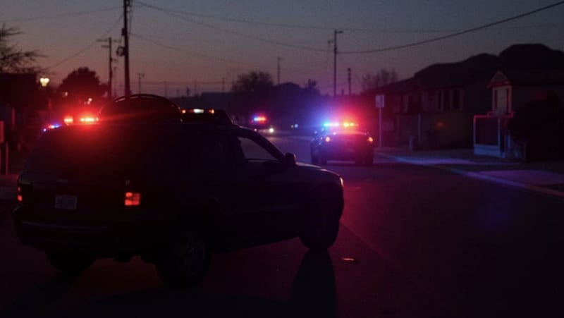 Calle residencial iluminada por luces de emergencia en la madrugada tras un tiroteo en la ciudad