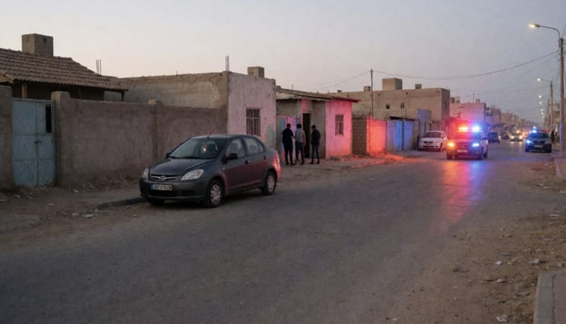 Calle residencial de Chihuahua con casquillos dispersos en el pavimento y luces de emergencia iluminando la escena