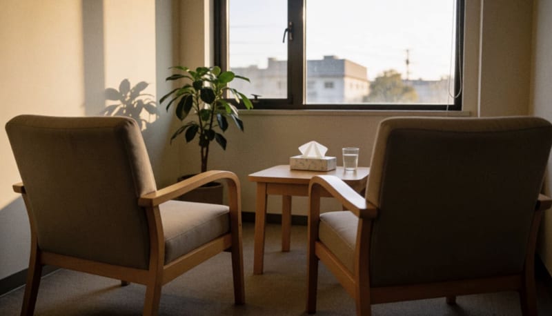 Sala de terapia tranquila con dos sillones vacíos frente a frente, una mesa pequeña y una planta junto a la ventana