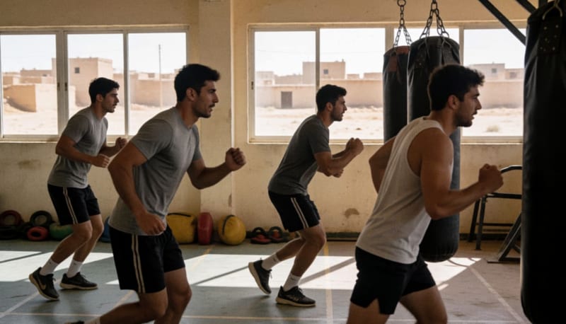 Atletas entrenando en el interior de un gimnasio con sacos de boxeo y equipamiento de artes marciales