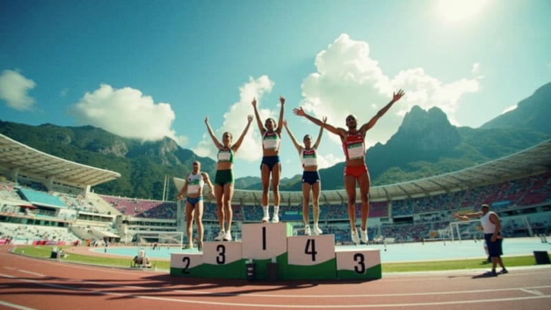 Atletas chihuahuenses compitiendo en pista, salto y lanzamiento bajo el sol del Caribe