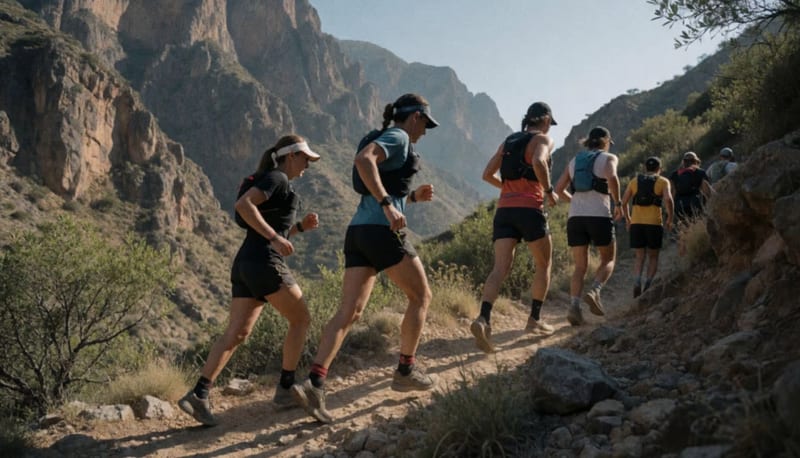Corredores de trail running ascendiendo un sendero de montaña en terreno rocoso del norte de México